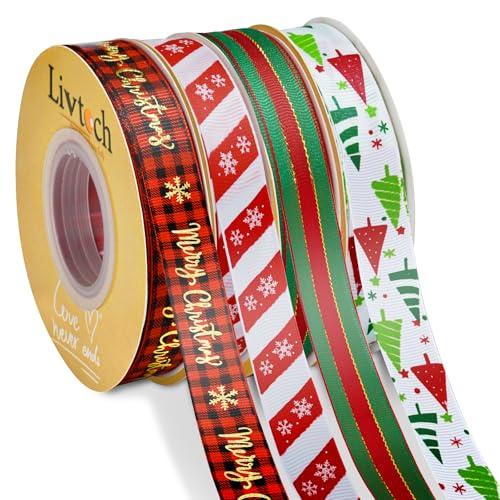 Livtoch 4 Rollen 90 Meter Weihnachtsband für Geschenkverpackungen, Urlaub Satinband/Metallic Glitzer Handwerk Stoffband für Weihnachten Geschenkverpackung Dekoration von Livtoch