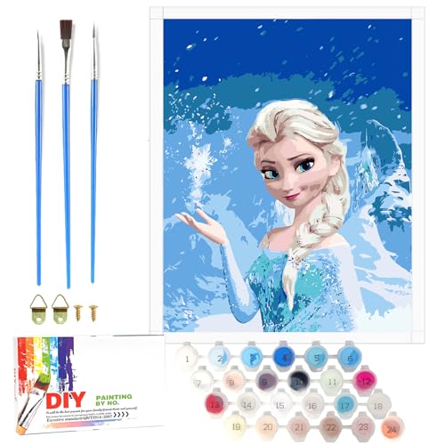 Lixkuokuo Eiskönigin Malen Nach Zahlen für Kinder ab 6 Jahre und Erwachsene Anfänger, Cartoon Froze Eisa Prinzessin Painting mit Leinwand Pinseln Acrylfarben, 40x50cm Groß DIY Gemälde Kit für Mädchen von Lixkuokuo