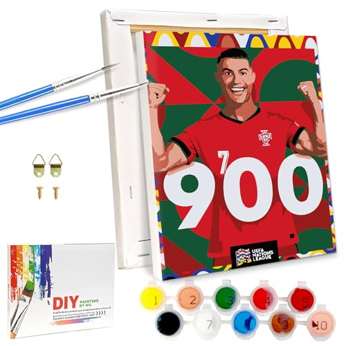 Lixkuokuo Fussball Malen Nach Zahlen mit Holzrahmen für Erwachsene Anfänger Kinder ab 6 Jahre, CR7 Fußball Painting mit Leinwand Pinseln Acrylfarben, 18x24cm Klein DIY Gemälde Kit für Jungen Mädchen von Lixkuokuo