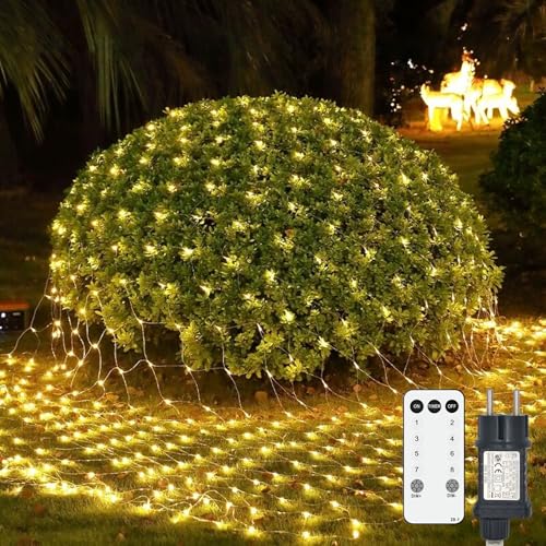 Lichternetz Außen, 2x2m 144 LED Lichterkette Außen Netz Warmweiß mit Stecker, Wasserdicht Lichternetz Innen Fernbedienung Timer 8 Modi, für Büsche Garten Weihnachtsbaum Zimmer Balkon von Liyade