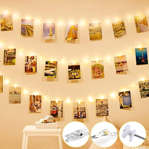 Liyade Fotowand für Zimmer Deko, LED Fotoclips Lichterkette für Zimmer Deko, 3M 30LED Lichterkette mit 15 Klammern, Fotos Lichterkette Batterie für Wohnzimmer, Weihnachten, Hochzeiten(Warmweiß) von Liyade