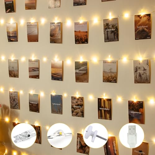 Liyade LED Fotoclips Lichterkette, USB 10M 100LED Lichterkette für Zimmer Deko Fotos Wand mit 60 Klammern und 20 Haken, Fotos Lichterkette für Wohnzimmer, Weihnachten, Hochzeiten (Warmweiß) von Liyade