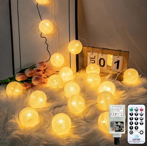 Liyade lichterkette innen, Cotton Ball Lichterkette, 6M 20LED Kugel Lichterketten mit Stecker, 8 Modi Ø 6CM, ideal für Innen Mädchen Teenager Baby Deko, Weihnachten, Hochzeit, Party, Zimmer Deko von Liyade