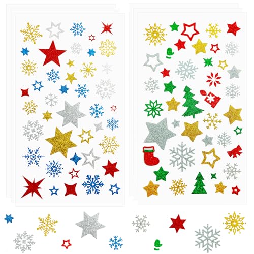 Sticker Weihnachten 264 Glitzer Aufkleber für Basteln, Sterne Weihnachtssticker Schneeflocken Weihnachtsaufkleber,Glitzersteine Selbstklebend Fenstersticker Adventskalender Kinder Weihnachtsdeko von Ljevandria