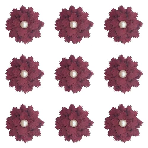 Lmlliang 5 x Stoffband Blumen Perlen Strass Applikationen Chiffon Stoff Blumen für DIY Haarspange Scrapbooking Stirnbänder Dekorativ 7,6 cm Weinrot von Lmlliang