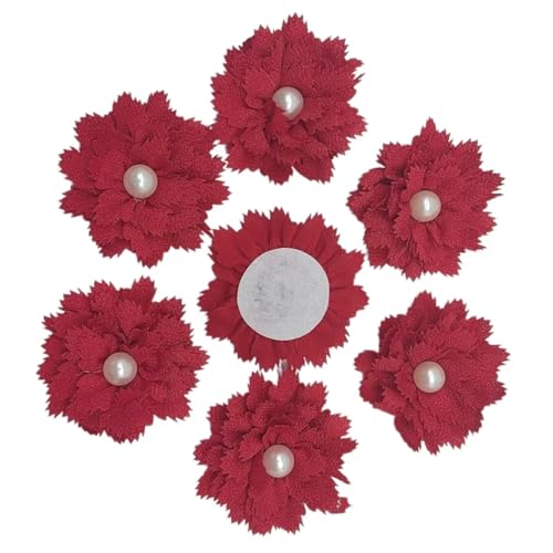 Lmlliang 5 x Stoffband Blumen Perlen Strass Applikationen Chiffon Stoff Blumen für DIY Haarspange Scrapbooking Stirnbänder dekorativ 7,6 cm rot von Lmlliang