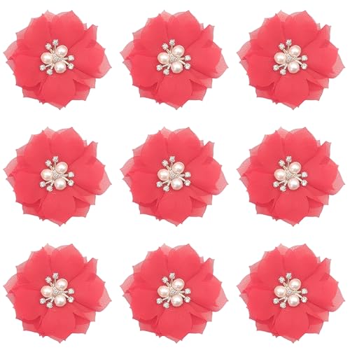 Lmlliang Stoffblumen, 10 Stück, rote Chiffon-Strasssteine, flache Rückseite, gerüschte Stoffblume für Bastelarbeiten, Stirnbänder, Blumen, Basteln, Nähen, Applikationen, 60 mm von Lmlliang