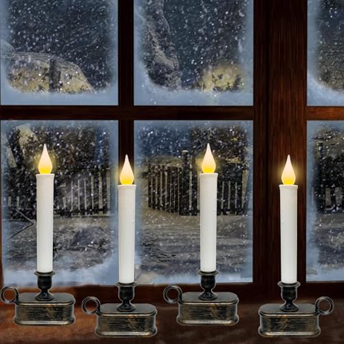 Batteriebetriebene LED-Fensterkerzen, Set mit 4 flammenlosen Spitz-Weihnachtskerzen mit Dämmerung bis Morgen-Sensor, 22,9 cm Fensterkerzenlichter mit flackernder bernsteinfarbener Flamme für Tisch, von Lnguistic