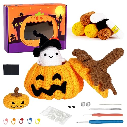 Häkelset für Anfänger, Halloween Kürbis Geist Häkel Starterset, Anfänger-Häkel-Starter-Kit Häkelnadeln, Garn, Polyesterfaserfüllung, Handnähnadel, Maschenmarkierern, Häkelset-Geschenke für Halloween von Lnjya