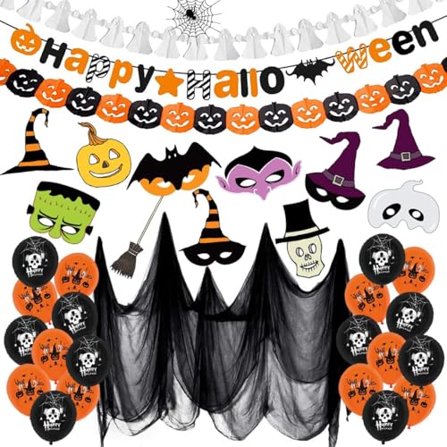 Halloween Party Dekoration Set, Happy Halloween Girlande, Kürbis Banner, Gruselig Party Stoff, Foto Requisiten, Halloween Latexballons, Indoor Garten Halloween Party Dekoration von Lnjya