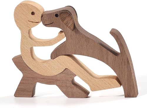 Lnjya Handgemachte Holzstatuen | Holzfiguren der Hundefamilie | Ein warmes Geschenk für Hundeliebhaber | Niedlicher Welpe Ornament Figur Statue Skulptur(A - Mann/Hund) von Lnjya