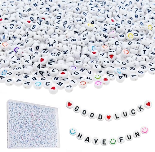 Lnvision 1200 Stück BuchstabenPerlen A-Z und Love Herz Perlen Lächelndes Gesichts Perlen Acryl Alphabet Perlen 7x4mm Zwischenperlen Schmuck DIY Basteln von Lnvision