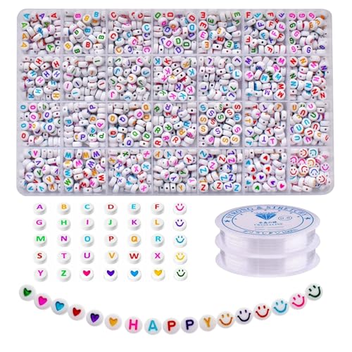 Lnvision 1400 Stück Bunte Buchstabenperlen A -Z 7mm und Liebe Herz,Bunte Smiley Gesichtsperlen Alphabet Perlen für Armbänder Schmuck DIY Basteln von Lnvision