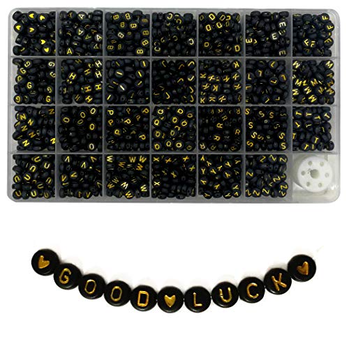 Lnvision 1400 Stück Golden Brief schwarz Rund Acryl Alphabet Buchstaben Spacer Perlen 7x4mm Spacer Zwischenperlen Schmuck DIY Basteln A bis Z und Love Herz von Lnvision