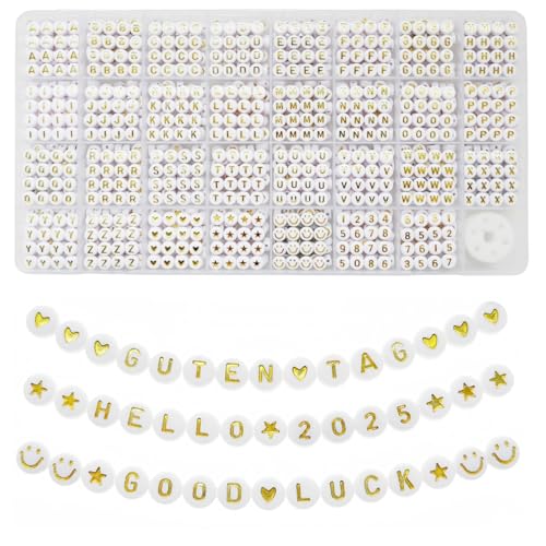 Lnvision 1600 Stück Gold Buchstabenperlen Goldenem Alphabet Perlen 7x4mm Spacer Zwischenperlen Schmuck DIY Basteln A bis Z und Love Her Smiley-Gesicht Zahl Stern Perlen von Lnvision