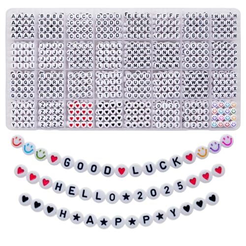 Lnvision 1600pcs Buchstaben Perlen, Herz Perlen, Anzahl Perlen, Start Perlen und Smiley Perlen, 4x7mm weiße Acryl Perlen A-Z 31 Stile für Schmuck Herstellung Armbänder Halsketten Schlüsselanhänger von Lnvision