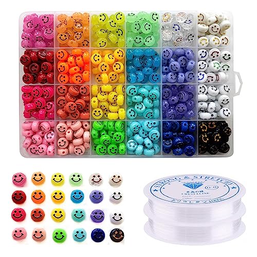 Lnvision 480 Stück Smiley Gesichtsperlen, 24 Farben Bunte Smiley Perlen Acryl Leuchtperlen DIY Bastelperlen zum Auffädeln Schmuck Basteln Zubehör und 2 Rollen Kristalllinie für Armbänder von Lnvision