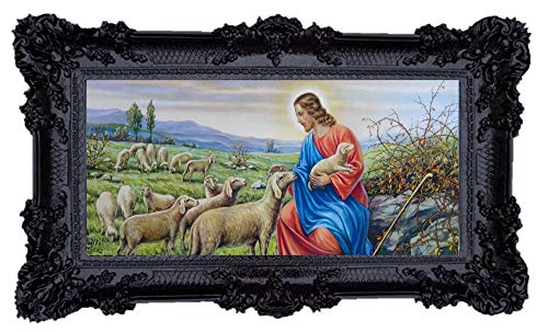 Heiligenbild 96x57cm Hirte Jesus mit Lämmchen und Schafherde Ikonen Bild Wunderschönes Repro Barock Antik Look gerahmtes Gemälde mit Ornamentverziehrungen (Schwarz) 75B von Lnxp