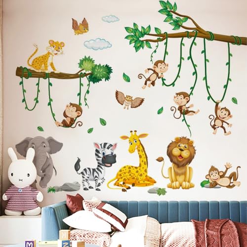 2 Stück Wandtattoo Dschungel Tiere Wandaufkleber, Baum Reben Wandaufkleber, Elefant Giraffe Löwe Affe Zebra Eule Wandsticker für Jungen Mädchen Babyzimmer Schlafzimmer Wanddeko von LoNinLoAn