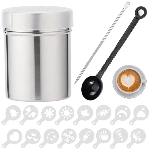 Kakaostreuer für Cappuccino 20Pcs, Edelstahl Pulverstreuer, Druckform Schablonen Kaffee, 16Pcs Kaffee Cappuccino Schablonen mit Coffee Art Pull Pin, Rührlöffel, Schokoladenstreuer von LoNinLoAn