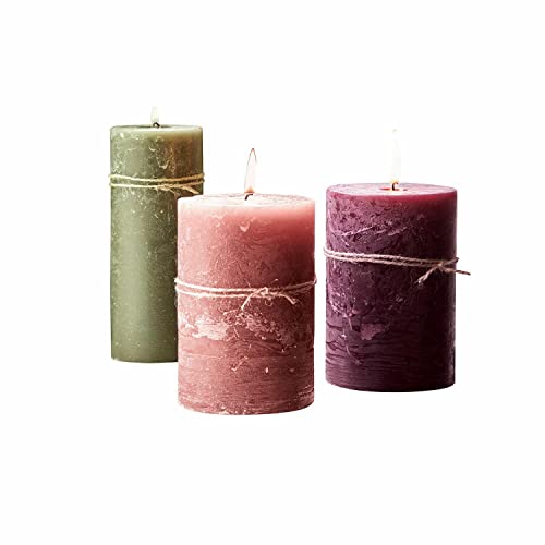 LOBERON Kerze 3er Set Salis, verschiedene Größen und Farben, handgearbeitet, rustikale Anmutung, durchgefärbt & geruchsneutral, Stumpenkerzen, Paraffinwachs, rosa/grün von Loberon