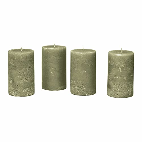 LOBERON Kerze 4er Set Braga, durchgefärbt & geruchslos, von Hand gefertigt, lange Brenndauer, Adventskerzen, Adventskranz, Stumpenkerzen, Paraffinwachs, grün von Loberon
