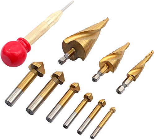 Loboo Idea Stufenbohrer-Set mit 3 HSS-Spiralrillen, 4 mm bis 12 mm/20 mm/32 mm und 6 x 6,3-20,5 mm 90° HSS Kegelsenker Bits und einem 12,7 cm HSS Mittelstanzer mit Gummikappe von Loboo Idea