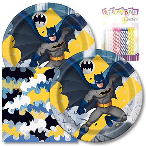 Batman Happy Birthday Teller & Servietten Partyzubehör – 22,9 cm Happy Birthday Party Teller für Mittagessen Services 16 – Geburtstag Pappteller & Servietten Set plus 24 Geburtstagskerzen von Lobyn Value Packs