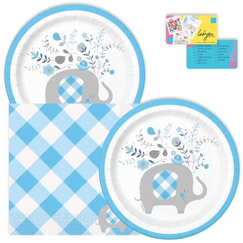 Lobyn Partyteller und Servietten, elegantes blaues Blumenmotiv mit Elefantenmotiv, 17,8 cm, Dessertteller, 16 Dessertteller à 17,8 cm und (16) 6,5 Servietten, ideal für Babypartys von Lobyn Value Packs