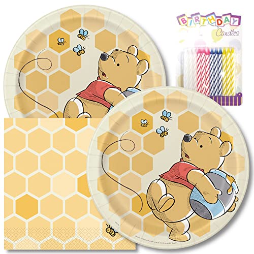 Winnie the Pooh Happy Birthday Teller & Servietten Partyzubehör – 22,9 cm Happy Birthday Party Teller für Mittagessen Services 16 – Geburtstag Pappteller & Servietten Set plus 24 Geburtstagskerzen von Lobyn Value Packs