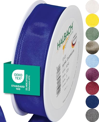 Halbach Seidenbänder Premium Geschenkband mit Drahtkante | Breite 25mm Länge 25m | Öko-Tex 100 zertifiziertes Schleifenband | Taftband Made in Germany, Farbe: blau von Halbach Seidenbänder