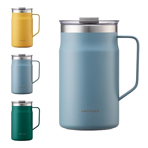 LocknLock Metro Becher Premium 18/8 Edelstahl doppelwandig isoliert mit Griff, perfekt für Tisch mit Deckel, blau, 590 ml von LocknLock