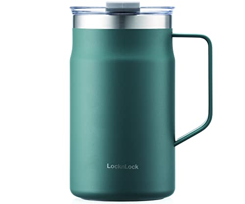 LocknLock Metro Becher Premium 18/8 Edelstahl doppelwandig isoliert mit Griff, perfekt für Tisch mit Deckel, dunkelgrün, 590 ml von LocknLock