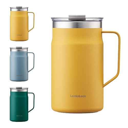 LocknLock Metro Becher aus hochwertigem 18/8 Edelstahl, doppelwandig, isoliert, mit Griff, perfekt für Tisch mit Deckel, Gelb, 590 ml von LocknLock