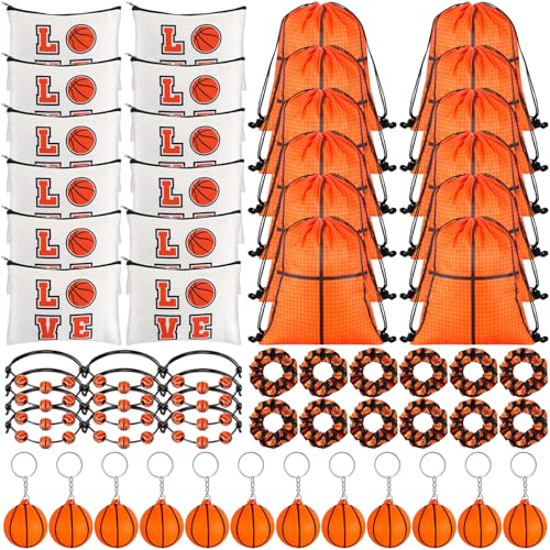 Locmeo 60 Stück Basketball-Geschenke, Basketball-Partygeschenke, inklusive 12 Kordelzugbeutel, 12 Make-up-Taschen, 12 Dekompressions-Schlüsselanhänger, 12 Basketball-Charm-Armbänder, 12 Haargummis für von Locmeo