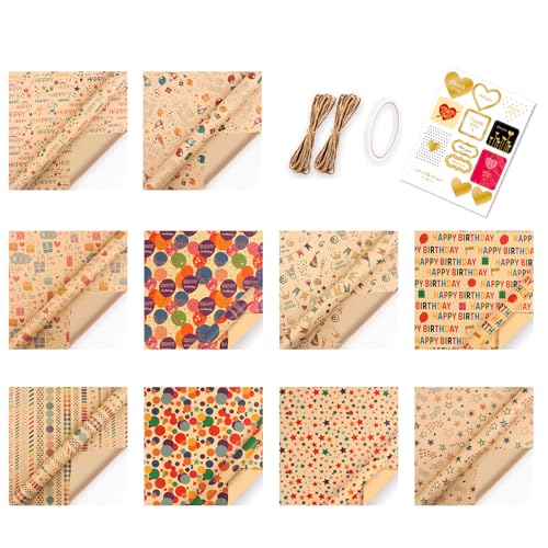 Lodoot 10 Blatt Tragbares Kraftpapier Kraftpapier Geschenkpapier für Geschenke Geburtstag Themed Designs Geschenkpapier Kraftpapier von Lodoot