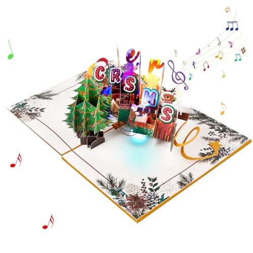 Lodoot Weihnachten 3D Popup Musikgrußkarte mit Lichtern Festival Urlaub Überraschung Karte mit Umschlag Faltbare Postkarte Papier von Lodoot