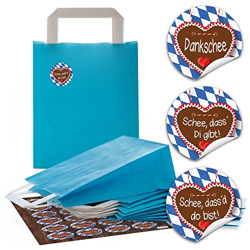 Logbuch-Verlag 24 blaue Papiertüten Geschenktüten 18 x 8 x 22 cm kleine Papiertaschen + 24 Aufkleber Bayrisch blau weiß kariert Souvenir Verpackung von Logbuch-Verlag