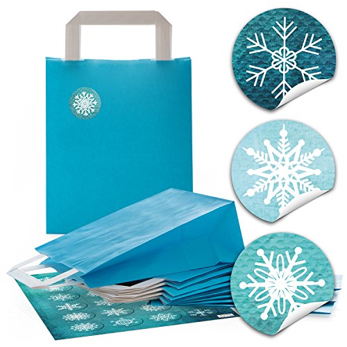 Logbuch-Verlag 24 blaue Papiertüten Weihnachtstüten mit Boden & Henkel 18 x 8 x 22 cm + 24 Aufkleber SCHNEEFLOCKEN türkis - Verpackung Weihnachten von Logbuch-Verlag