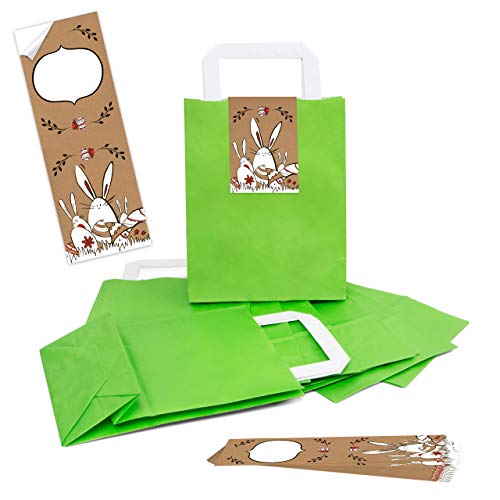 25 kleine hell-grüne Osterbeutel Papiertüte mit Tragegriff 18 x 8 x 22 cm + Hase Osteraufkleber 7,2 x 21 cm Frohe Ostern Deko Geschenkverpackung Etiketten weiß rot braun Give-Away von Logbuch-Verlag