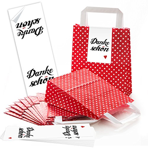 Logbuch-Verlag 25 Papiertüten rot weiß gepunktet mit DANKESCHÖN Aufkleber mit Herz Danke Geschenk Verpackung Papiertaschen mit Henkel & Boden von Logbuch-Verlag