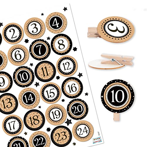 Logbuch-Verlag 1-24 Adventskalender Zahlen Sticker Nummern zum DIY Weihnachtskalender basteln: AUFKLEBER + HOLZKLAMMER Holz-Scheibe rund 4 cm beige schwarz Buttons von Logbuch-Verlag