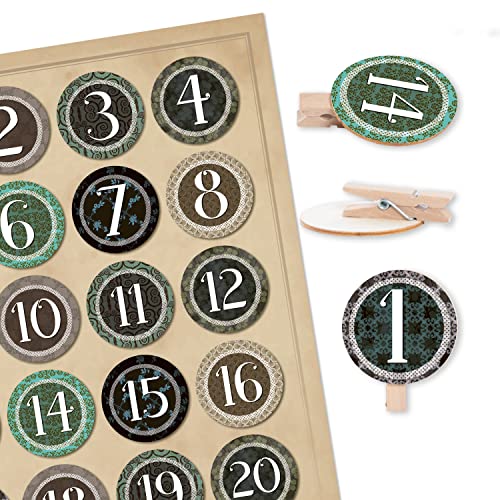 Logbuch-Verlag 1-24 Zahlen Sticker zum DIY Adventskalender basteln: Aufkleber + Holzklammern Holz Scheibe 4 cm Aufkleben beige grün schwarz Weihnachtskalender von Logbuch-Verlag