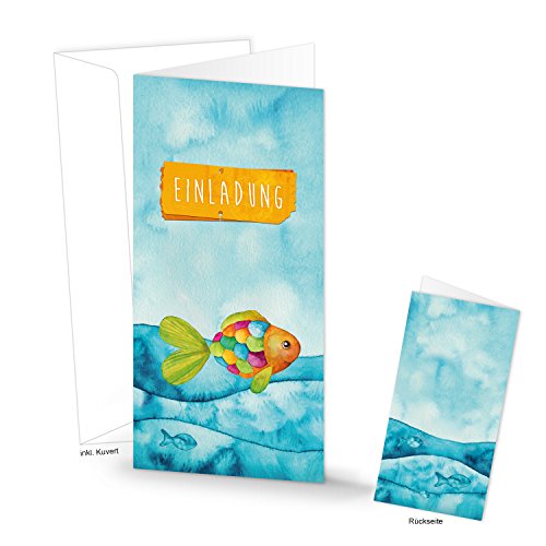 Logbuch-Verlag 10 Einladungskarten Kindergeburtstag Kommunion Taufe Fisch Jungen Mädchen blau bunt mit Kuvert 21 x 10,5 cm geklappt von Logbuch-Verlag