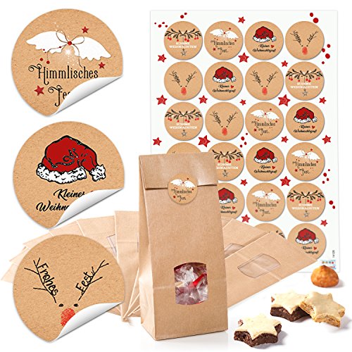 Logbuch-Verlag 10 Papiertüten Frohe Weihnachten 10 x 6,5 x 27 cm Lebensmittel Tüten mit Sichtfenster für Geschenke mit 24 Sticker von Logbuch-Verlag