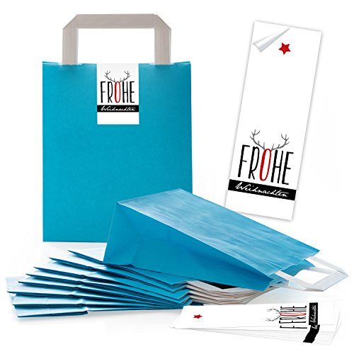 Logbuch-Verlag 10 blaue Geschenktaschen mit Banderole Papiertüten mit Henkel + Frohe Weihnachten Aufkleber weiß 18 x 8 x 22 cm von Logbuch-Verlag