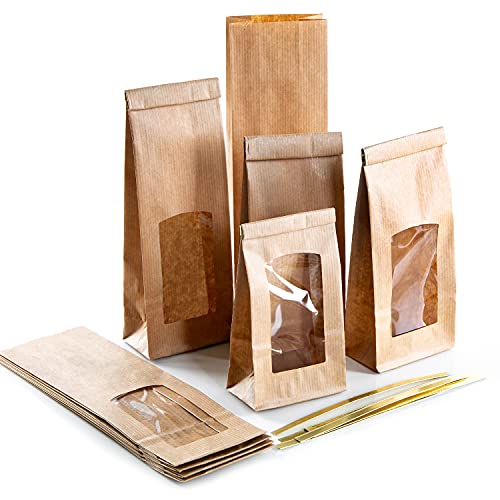 Logbuch-Verlag 10 braune Blockbodenbeutel mit Sichtfenster 26,5 8,5 x 5 cm - Papiertüte zum Befüllen Verpackung lebensmittelecht für Weihnachtsplätzchen, Tee & Kekse von Logbuch-Verlag