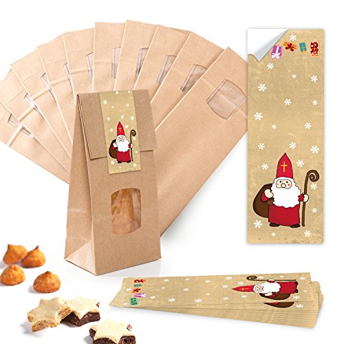 Logbuch-Verlag 10 kleine Fenster Papierbeutel Kraftpapier 10,5 x 6,5 x 29 cm Gebäcktüte Weihnachten HEILIGER NIKOLAUS Lebensmittel Tüte von Logbuch-Verlag