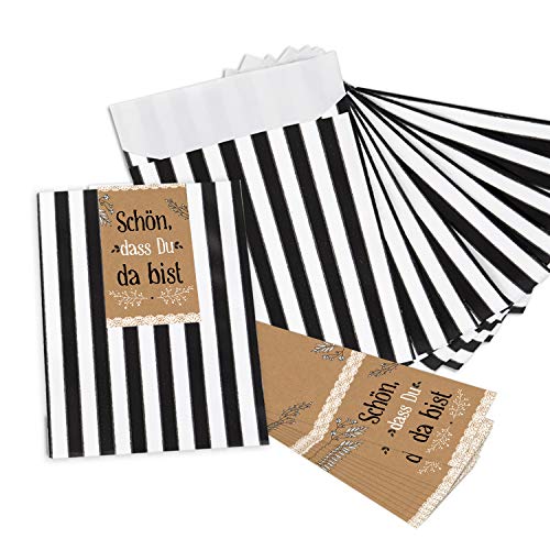 Logbuch-Verlag 10 schwarz weiß gestreifte Mini-Papiertüten 13 x 18cm + Banderolen zum Zukleben SCHÖN DASS DU DA BIST braun Geschenkverpackung Hochzeit DIY Gastgeschenk Give-Away von Logbuch-Verlag