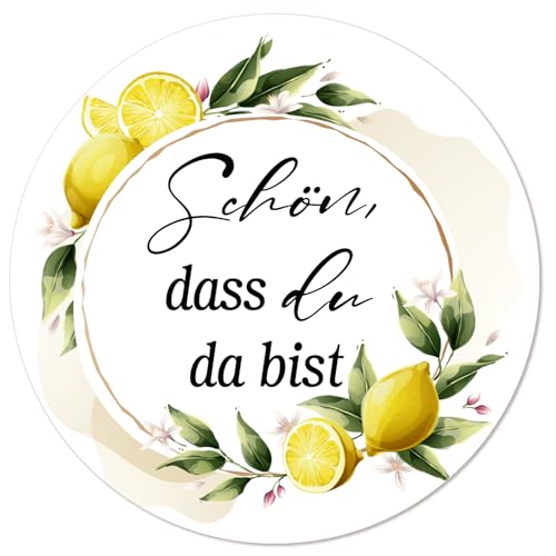 Logbuch-Verlag 100 Schön dass du da bist Sticker Zitrone Deko Hochzeit Feste Sommer mediterrane Aufkleber für Gastgeschenke 4 cm von Logbuch-Verlag